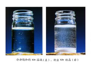 冷却饱和的KBr溶液（左），析出KBr结晶（右）