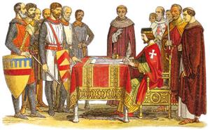 英国大主教斯蒂芬·兰顿和贵族共同起草《自由大宪章》